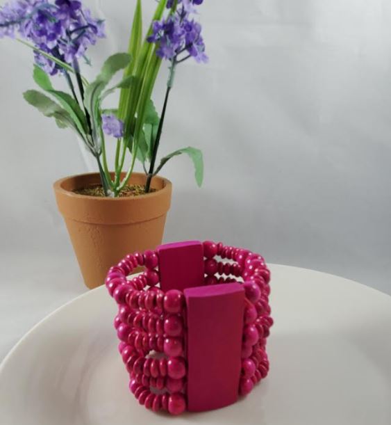 B558 Hot Pink Multi Strand Wooden Bead Bracelet - Iris Fashion Jewelry