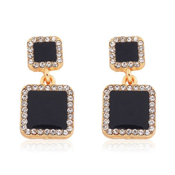 E1028 Gold Black Square with Rhinestones Earrings - Iris Fashion Jewelry