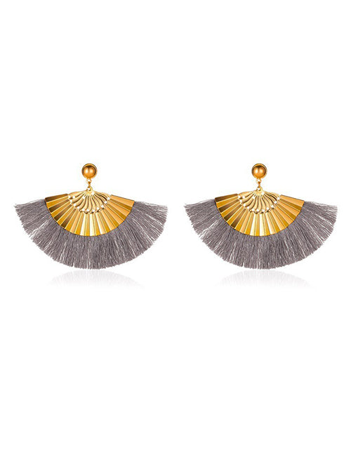 E1222 Large Gold Fan Gray Tassel Earrings - Iris Fashion Jewelry