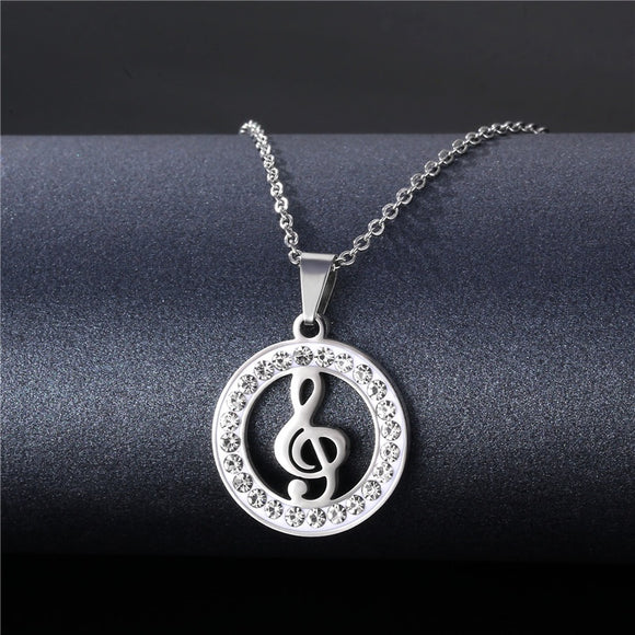 N908 Silver Round Rhinestone Music Note Necklace FREE Earrings - Iris Fashion Jewelry