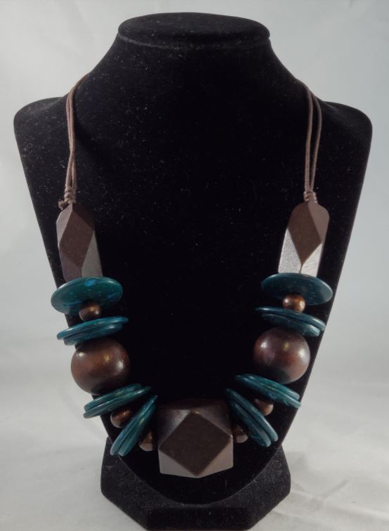 N1380 Brown & Turquoise Wooden Necklace with FREE Earrings - Iris Fashion Jewelry