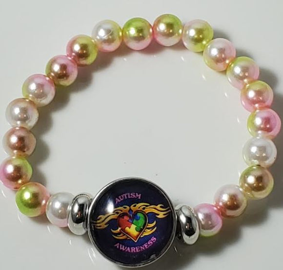 B1026 Pink & Yellow Pearls Flaming Heart Autism Awareness Bracelet - Iris Fashion Jewelry