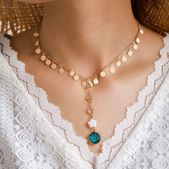 N694 Gold Blue Gemstone and Flower Disk Tassel Necklace with FREE Earrings - Iris Fashion Jewelry