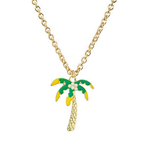 N1045 Gold Yellow & Green Baked Enamel Palm Tree Necklace FREE Earrings - Iris Fashion Jewelry