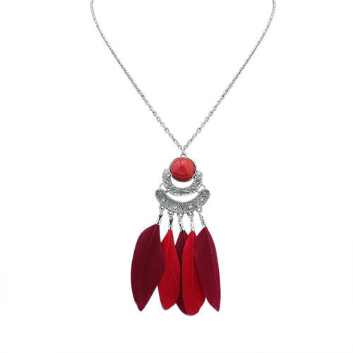 N799 Silver Red Feather Tassel Necklace with FREE Earrings - Iris Fashion Jewelry