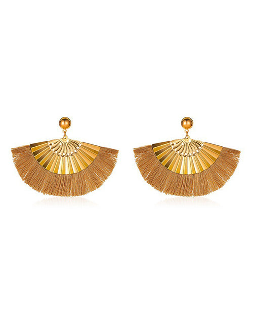 E1204 Large Gold Fan Champagne Tassel Earrings - Iris Fashion Jewelry