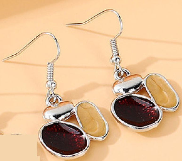 E1319 Silver Deep Red & Beige Baked Enamel Design Earrings - Iris Fashion Jewelry
