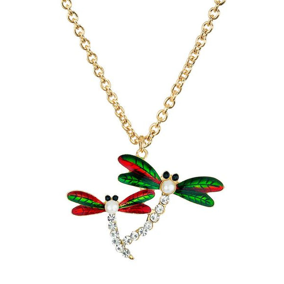 N1447 Gold Red & Green Double Dragonfly Rhinestones Necklace FREE Earrings - Iris Fashion Jewelry