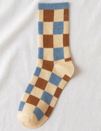 SF1147 Beige Pale Blue Brown Checkered Pattern Socks - Iris Fashion Jewelry
