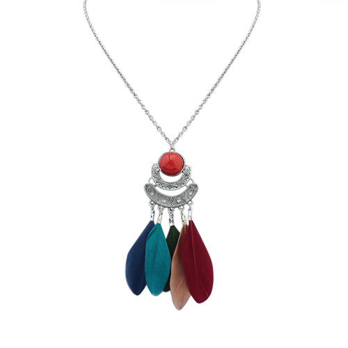N824 Silver Multi Color Feather Tassel Necklace with FREE Earrings - Iris Fashion Jewelry