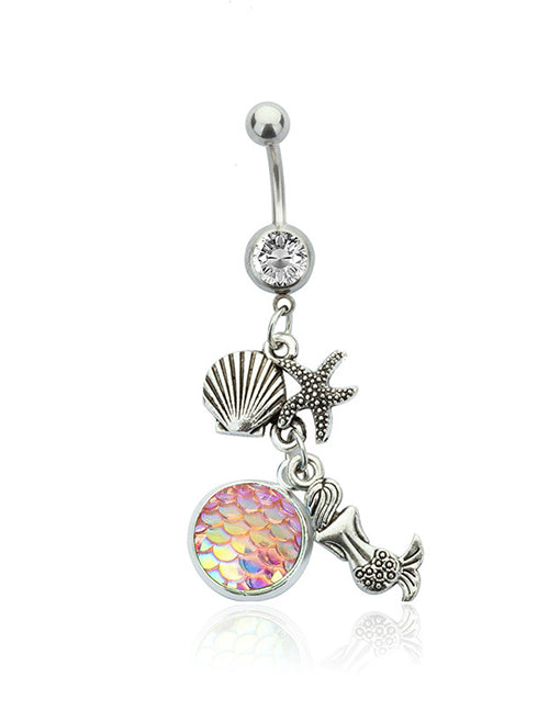 P22 Silver Iridescent Yellow Fish Scale Mermaid Charm Belly Button Ring - Iris Fashion Jewelry