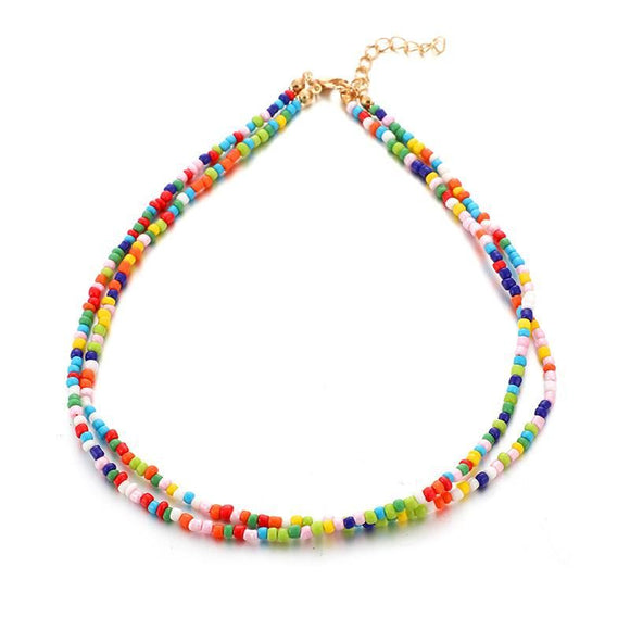 N589 Multi Color Seed Bead Double Layer Necklace with Free Earrings - Iris Fashion Jewelry