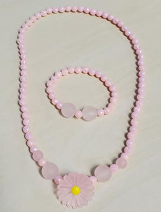 L394 Iridescent Pink Frosted Daisy Bead Necklace & Bracelet Set - Iris Fashion Jewelry