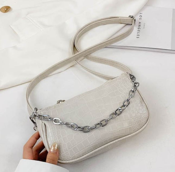 PB199 White Crocodile Print Chain Accent Shoulder Bag - Iris Fashion Jewelry