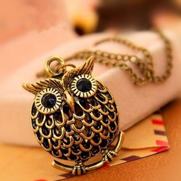 N216 Gold Black Gem Eyes Owl Necklace with FREE Earrings - Iris Fashion Jewelry