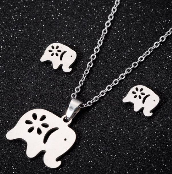 N1697 Silver Elephant Stainless Steel Necklace with FREE Earrings - Iris Fashion Jewelry
