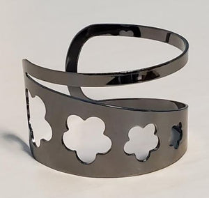 B714 Gun Metal Flower Design Cuff Bracelet - Iris Fashion Jewelry