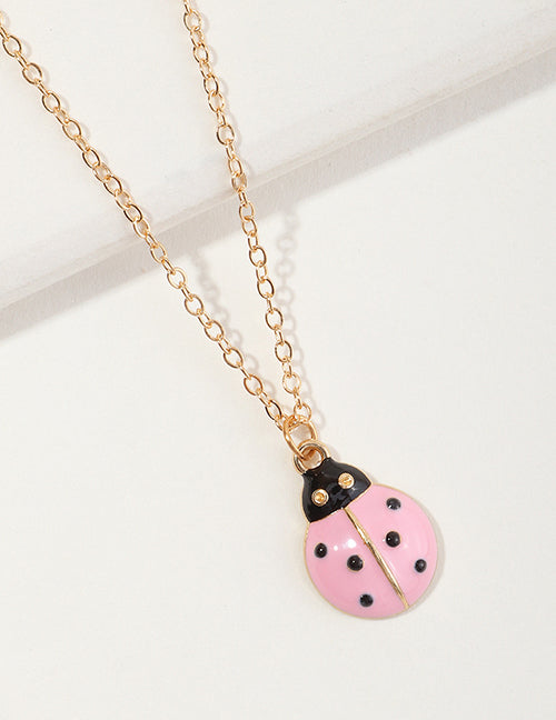 N508 Gold Pink Baked Enamel Ladybug Necklace With FREE Earrings - Iris Fashion Jewelry