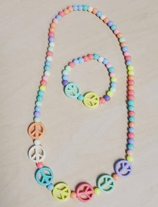 L389 Colorful Peace Sign Bead Necklace & Bracelet Set - Iris Fashion Jewelry