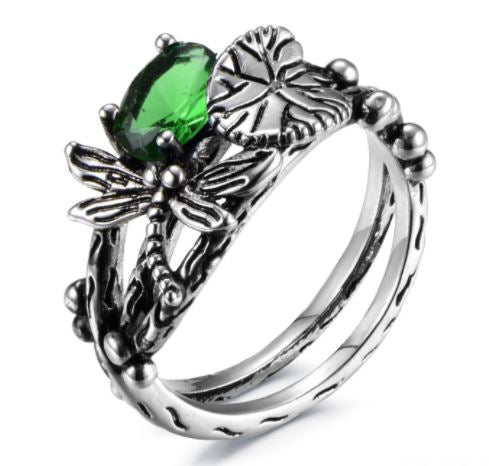 R149 Silver Green Gemstone Dragonfly Ring - Iris Fashion Jewelry