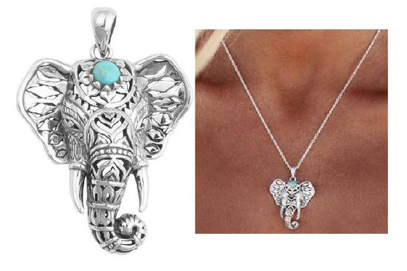 N1149 Silver & Turquoise Gem Elephant Necklace with FREE Earrings - Iris Fashion Jewelry