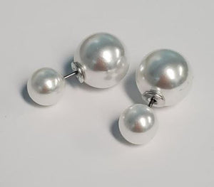 *E607 White Pearl Small Double Ball Earrings - Iris Fashion Jewelry