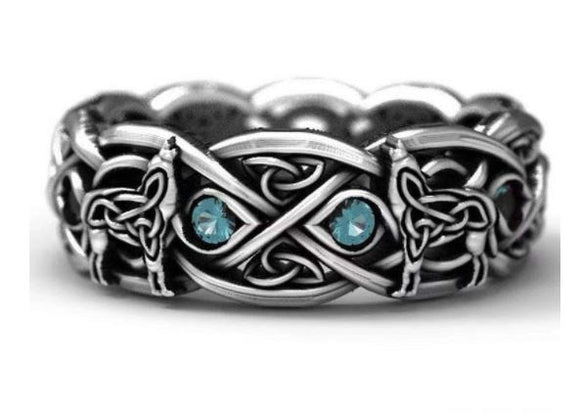 R146 Silver Wolf Blue Gemstone Tribal Ring - Iris Fashion Jewelry