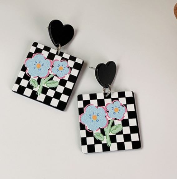 E1672 Black & White Acrylic Blue Flower Earrings - Iris Fashion Jewelry