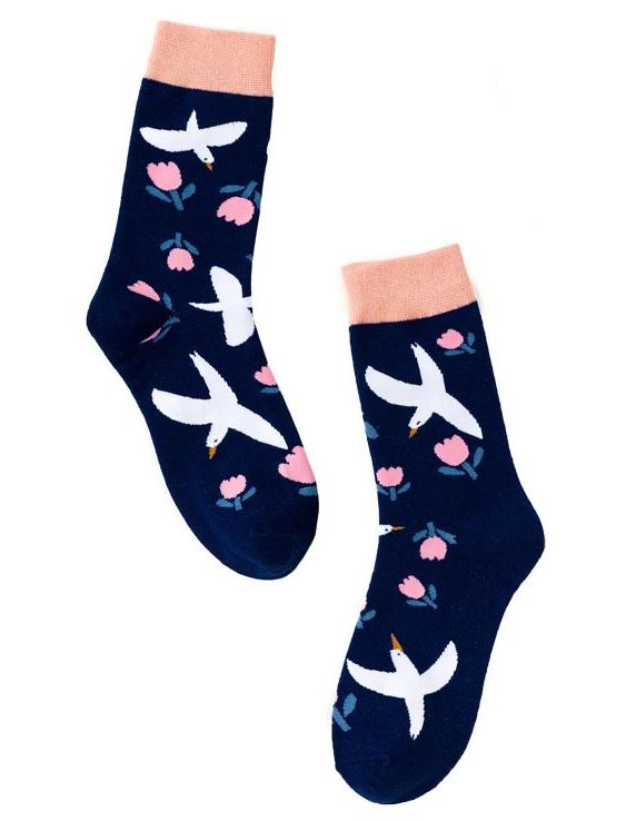 SF809 Navy Blue Tulips & Birds Socks - Iris Fashion Jewelry