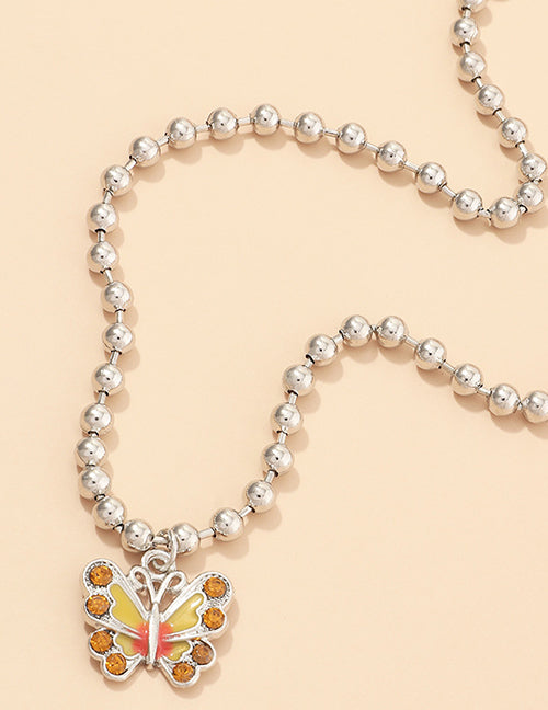 N1238 Silver Ball Chain Yellow & Orange Butterfly with Rhinestones Necklace with Free Earrings - Iris Fashion Jewelry