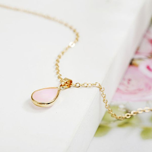 N1889 Gold Pale Pink Teardrop Gemstone Necklace with FREE Earrings - Iris Fashion Jewelry