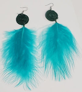 *E386 Teal Large 4" Feather Earrings - Iris Fashion Jewelry