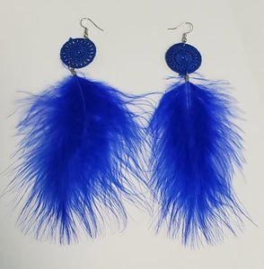 *E387 Royal Blue Large 4" Feather Earrings - Iris Fashion Jewelry