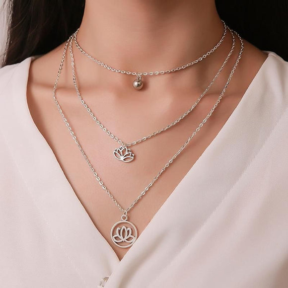 N845 Silver Lotus Layered Necklace with FREE Earrings - Iris Fashion Jewelry