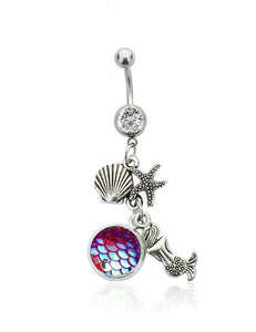 P21 Silver Iridescent Red Fish Scale Mermaid Charm Belly Button Ring - Iris Fashion Jewelry