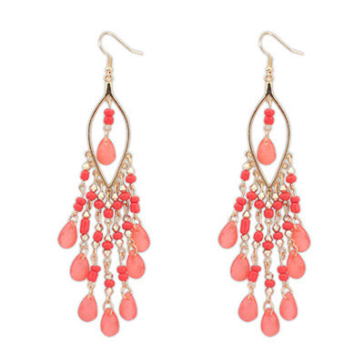 E114 Large Gold Pink Beaded Dangle Earrings - Iris Fashion Jewelry