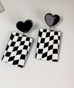 E1754 Acrylic Heart Black & White Checkered Rectangle Earrings - Iris Fashion Jewelry