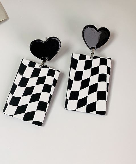 E1754 Acrylic Heart Black & White Checkered Rectangle Earrings - Iris Fashion Jewelry