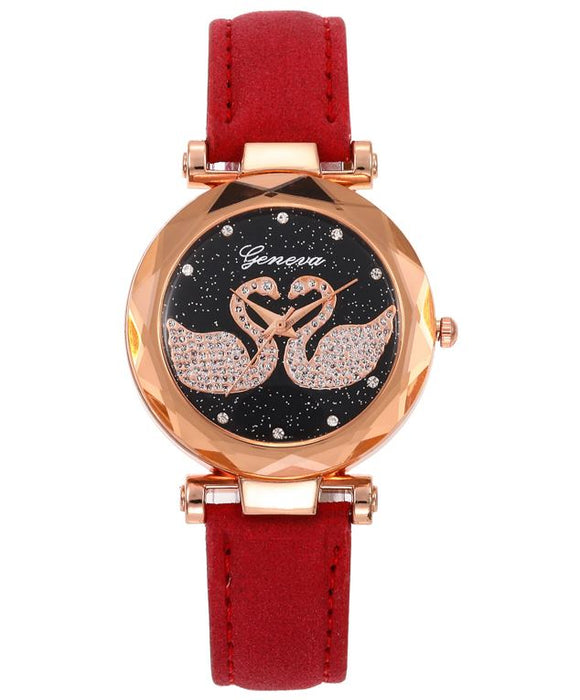 W419 Red Band Rhinestone Swans Collection Quartz Watch - Iris Fashion Jewelry