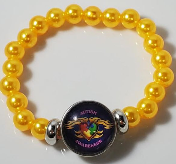 B1025 Yellow Pearls Flaming Heart Autism Awareness Bracelet - Iris Fashion Jewelry