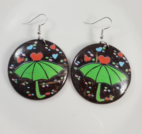 E617 Hearts & Umbrella Coconut Shell Wooden Earrings - Iris Fashion Jewelry
