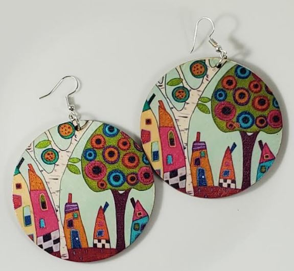 E1037 Large Round Wooden Festive Houses Earrings - Iris Fashion Jewelry