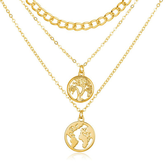N1274 Gold Tree of Life & Globe Layered Necklace with FREE Earrings - Iris Fashion Jewelry