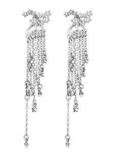 E1052 Silver Star Cluster Chain Tassel Jacket Style Earrings - Iris Fashion Jewelry