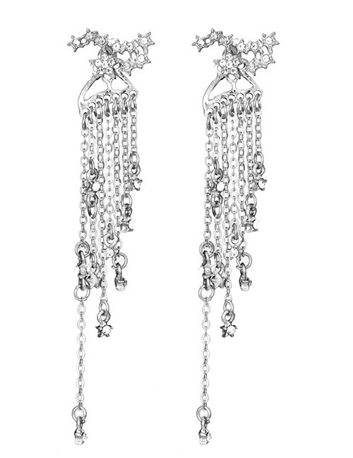 E1052 Silver Star Cluster Chain Tassel Jacket Style Earrings - Iris Fashion Jewelry