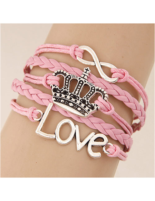 B197 Light Pink Crown Layered Leather Bracelet - Iris Fashion Jewelry