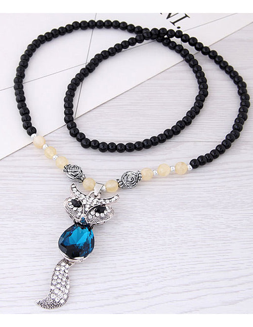 N847 Silver Blue Gemstone Fox Necklace with Free Earrings - Iris Fashion Jewelry