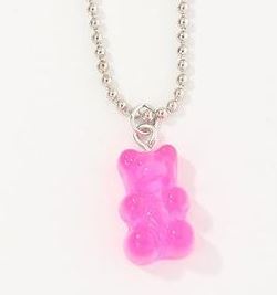 L484 Hot Pink Gummy Bear on Beaded Chain Necklace FREE Earrings - Iris Fashion Jewelry