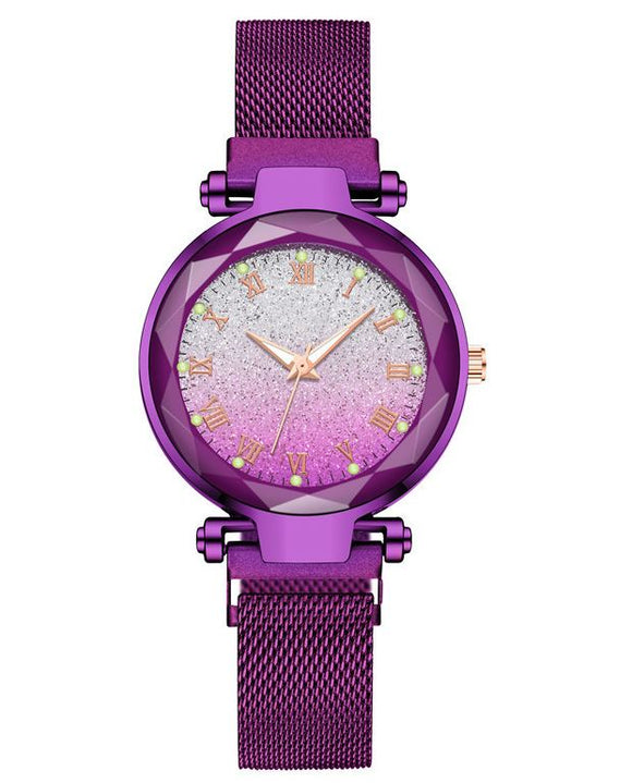 W387 Purple Mesh Magnet Band Ombre Glitter Collection Quartz Watch - Iris Fashion Jewelry
