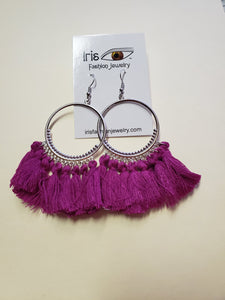 *E271 Silver Hoop Plum Multi Tassel Earrings - Iris Fashion Jewelry